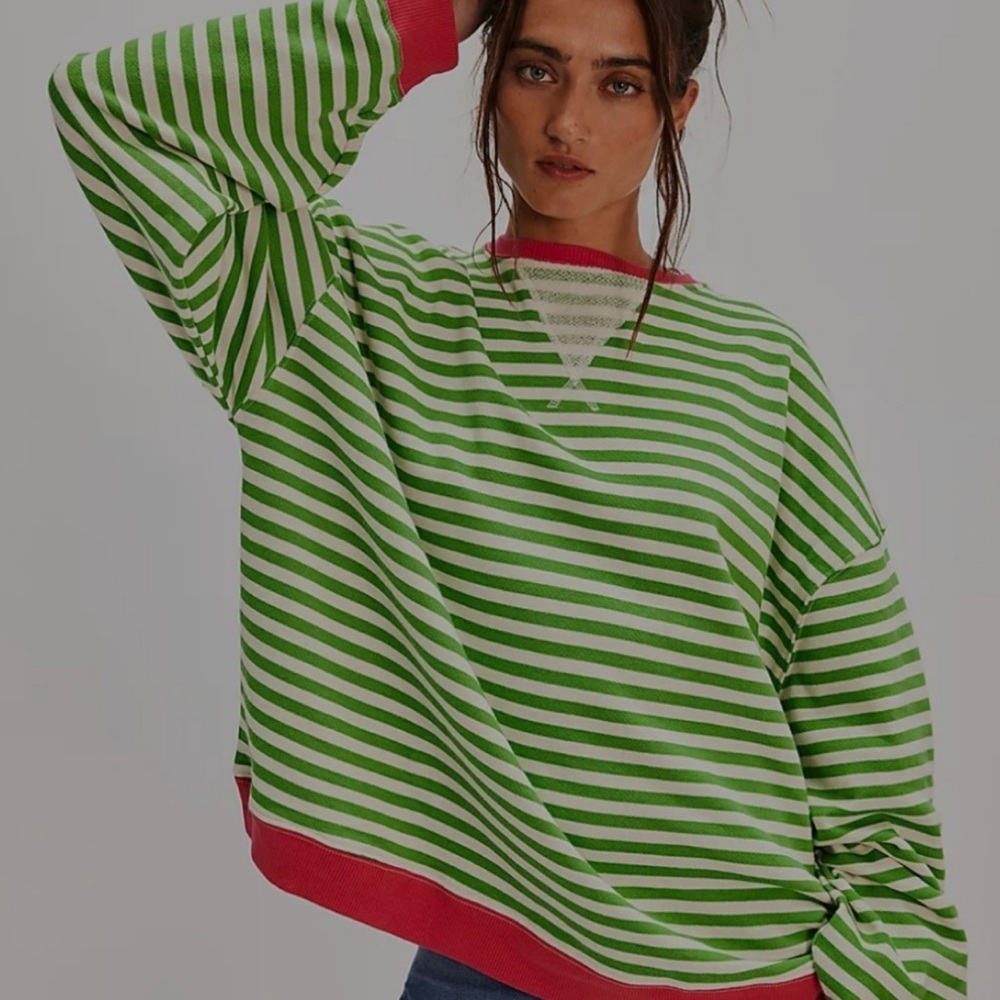 Free People Green and White Striped Knit Sweater with Pink Trim